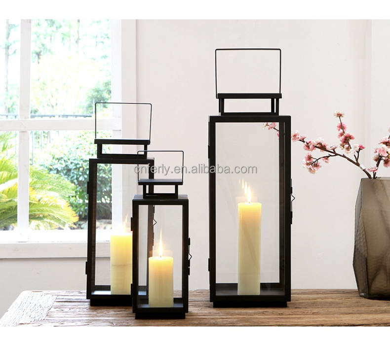 Windproof Large Size Black  Lantern Courtyard And Home Decorative Metal Classical Candle Lantern