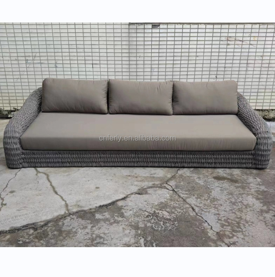 Modern all weather outdoor furniture sofa set garden cane sofa low-slung seat sloping arms wooden feet wicker garden set