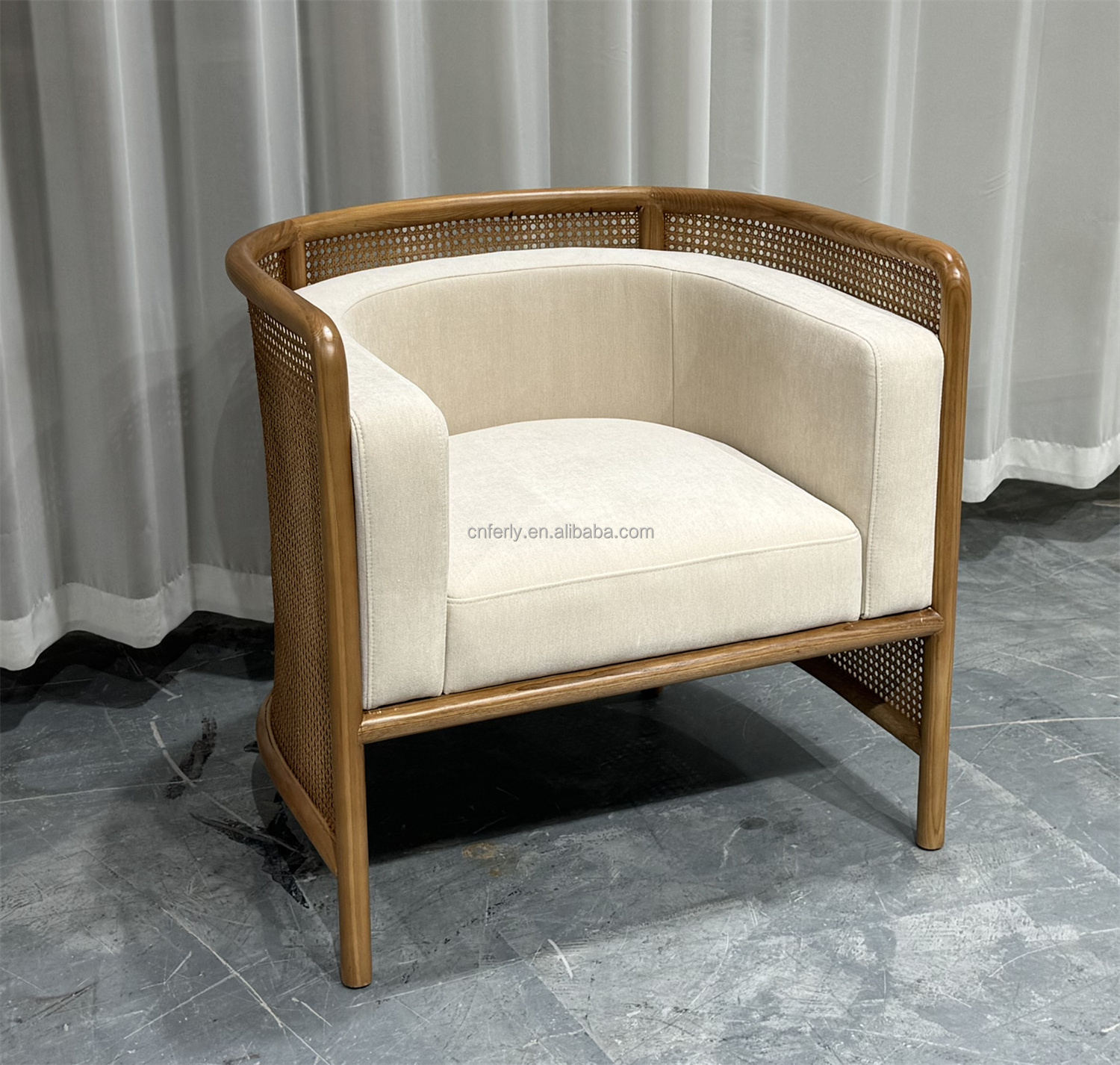 American style accent chair room sofas high-density polyfoam lounge chair solid white oak frame rattan lounge chair