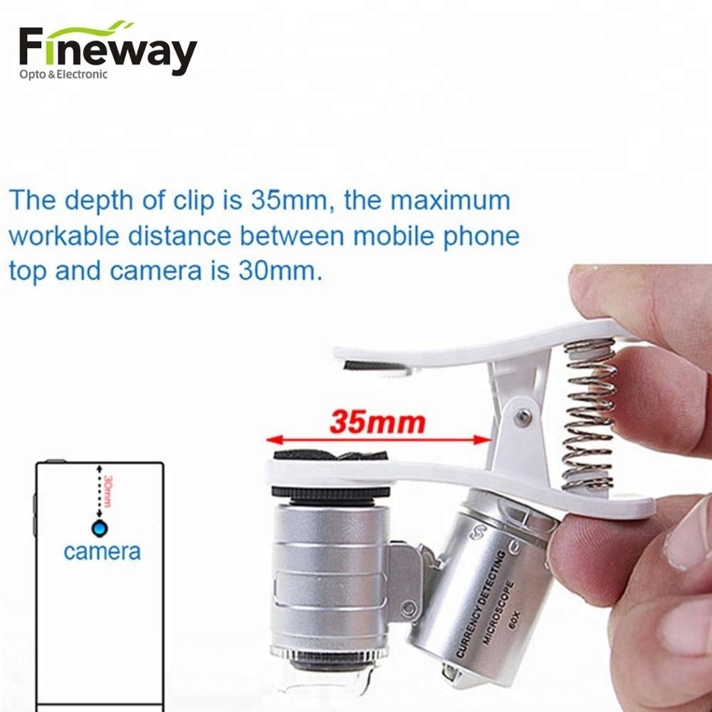 FW9882W Mini Size Microscope  60X Clip on Cellphone Magnifying Glass with LED UV Light