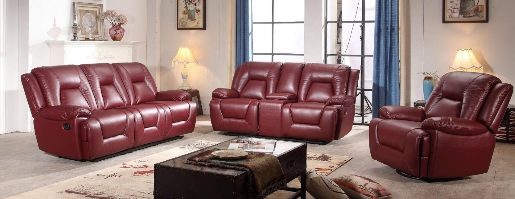 Commercial genuine red leather recliner loveseat sofa set modern faux leather top grain electric double recliner sofa