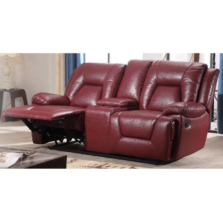 Commercial genuine red leather recliner loveseat sofa set modern faux leather top grain electric double recliner sofa