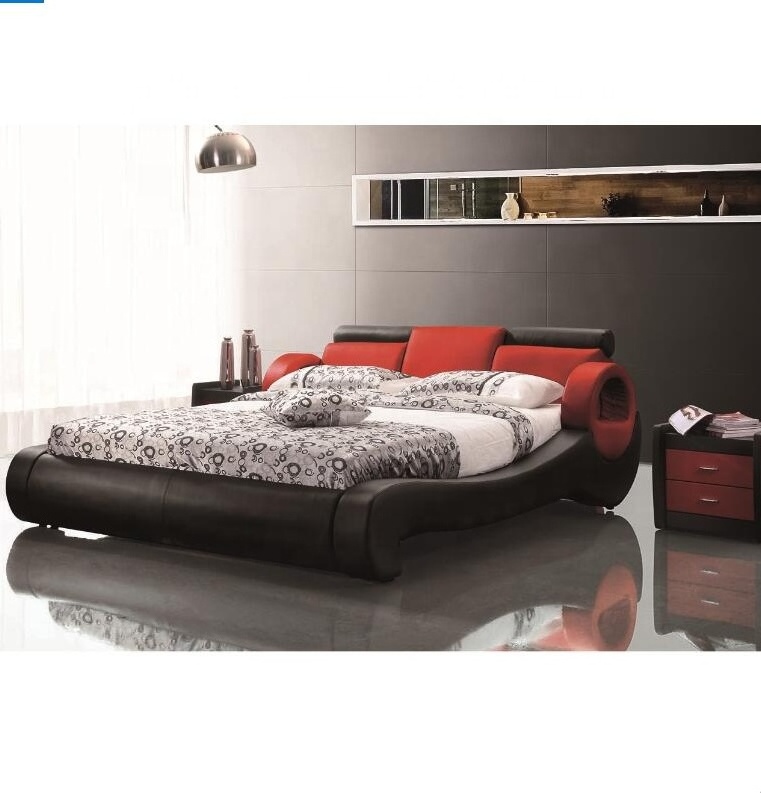 Upholstered Faux Leather Platform Bed with Wooden Slat Support Tufted Headboard Full Size - Black red brown