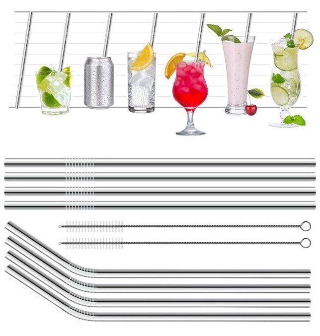 11PCS Stainless Steel Metal Drinking Straw Reusable Straws Cleaner Brush Straight Curved Straw