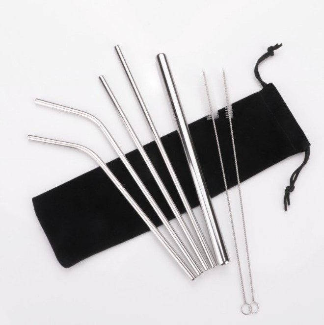 11PCS Stainless Steel Metal Drinking Straw Reusable Straws Cleaner Brush Straight Curved Straw