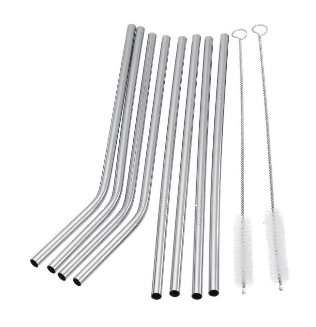 11PCS Stainless Steel Metal Drinking Straw Reusable Straws Cleaner Brush Straight Curved Straw