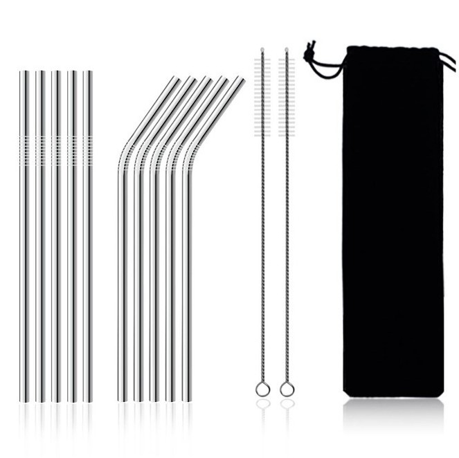 11PCS Stainless Steel Metal Drinking Straw Reusable Straws Cleaner Brush Straight Curved Straw