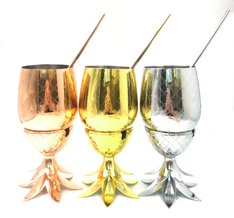 Forneed Factory Price 2oz 500ml Bulk Cocktail glass 304 stainless steel pineapple cups straw with lid