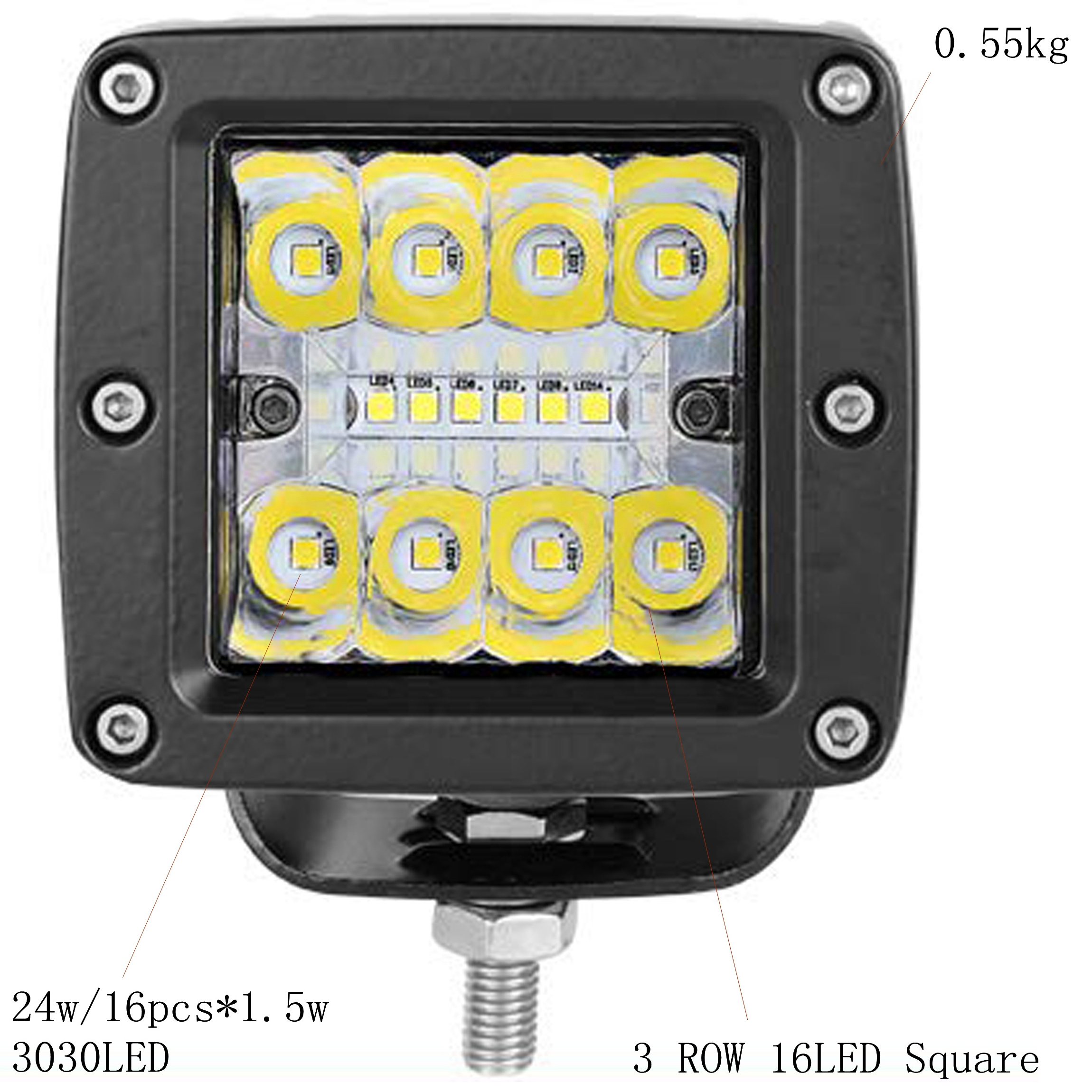 High Selling 3 ROW 16 LED FORTEK Car LED Work Light 24W Spot LED Light Bar 3030LED Truck Tractor Boat Trailer