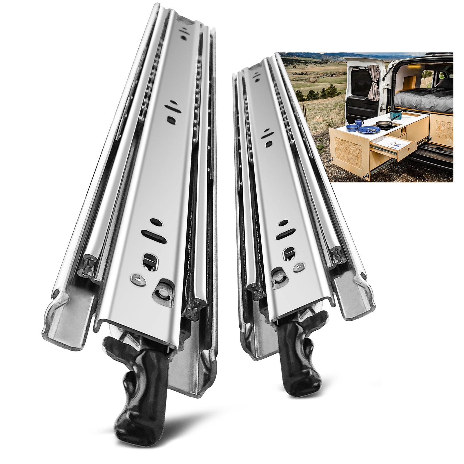 AOLISHENG Heavy Duty Drawer Slides Locking Three Sections Full Extension 500LB Load Drawer Runners Ball Bearing Side Mount Rail