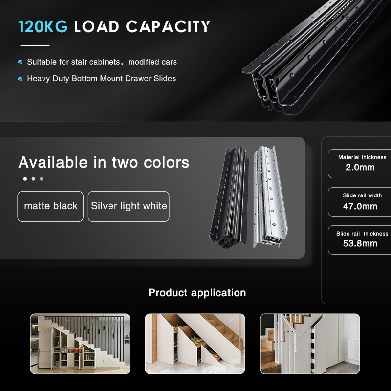 AOLISHENG Bottom Mount Drawer Slides Ball Bearing Heavy Duty Staircase Slides Concealed Full Extension  Drawer Rail Load 260 lbs