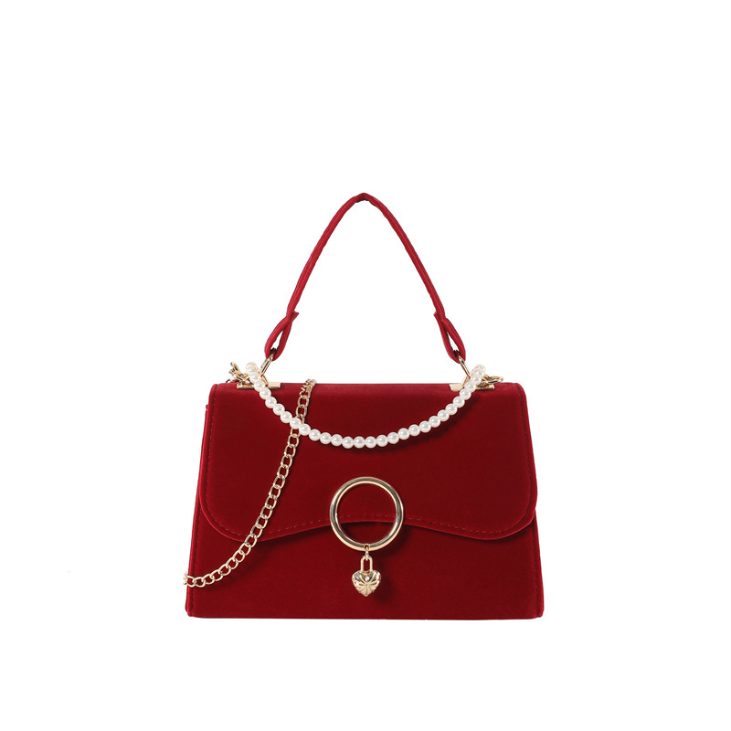 Trendy Single Plush Velvet Red Shoulder Bag for Women Fashionable and Portable with Chain Decoration on Sale