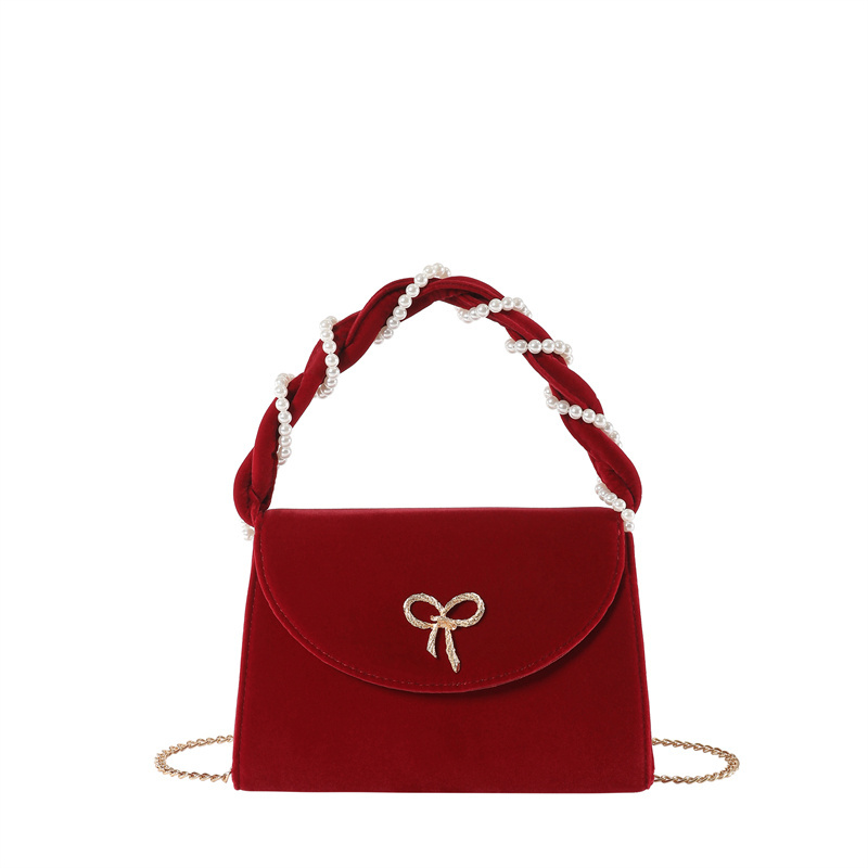 Trendy Single Plush Velvet Red Shoulder Bag for Women Fashionable and Portable with Chain Decoration on Sale