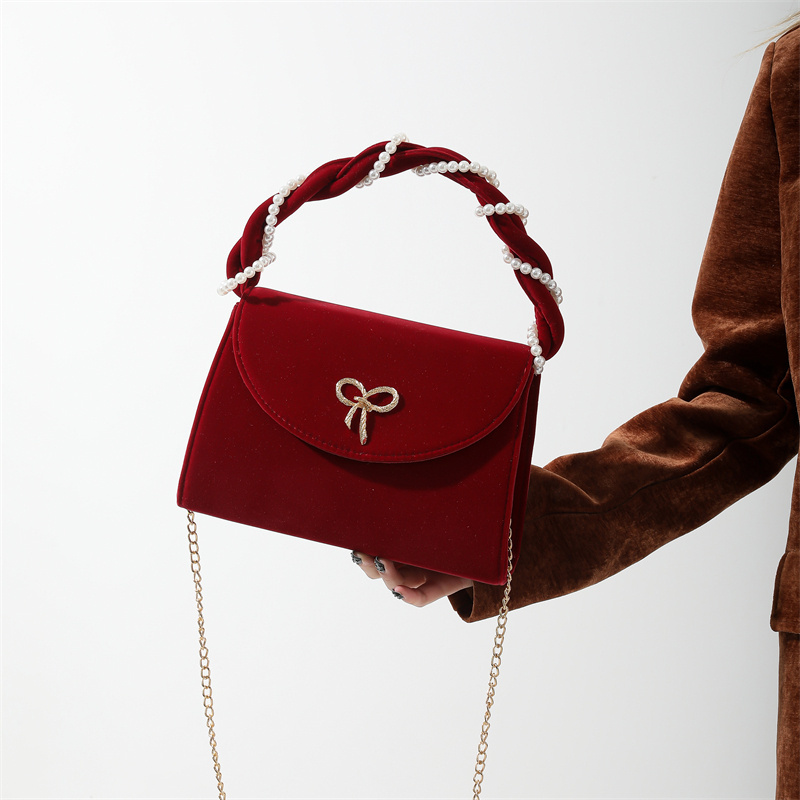 Trendy Single Plush Velvet Red Shoulder Bag for Women Fashionable and Portable with Chain Decoration on Sale