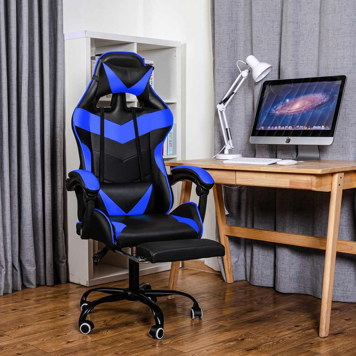 Gamer Racing Style Adjustable Office Chair with Removable Headrest High Back Lumbar Cushion and Footrest Swivel Gaming Chair