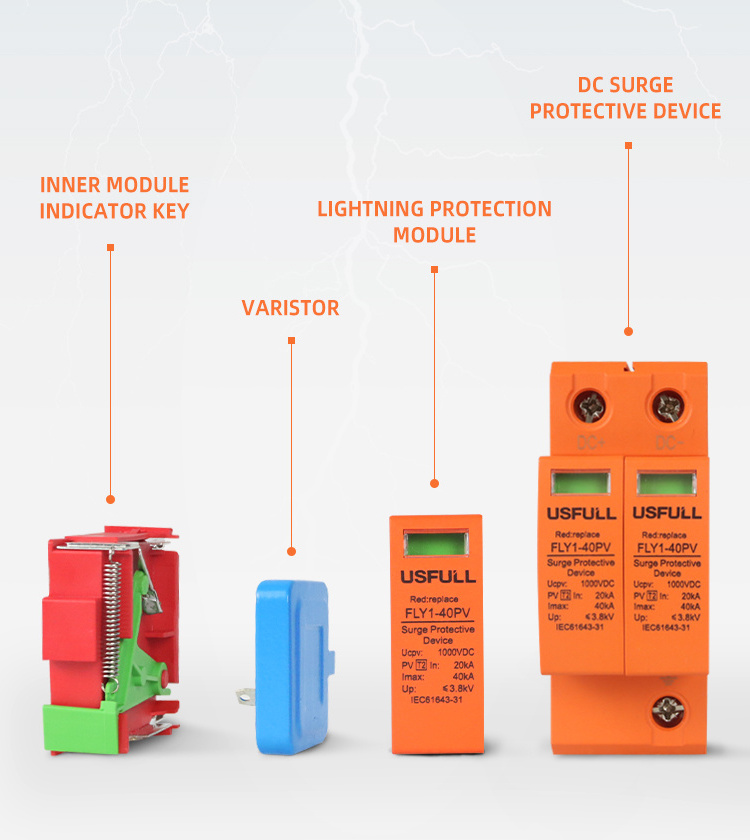 USFULL Hot Selling PV Solar SPD 10kA 20kA 40kA 600V 1000V 2P 3P DC Surge Protective Devices for Lightning Protection & Earthing