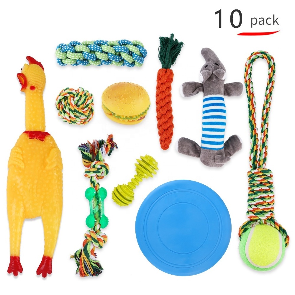 10 piece toy set Flying disc pet dog cotton chew rope knot dog toy bundle interactive fetch tug toys set for dogs