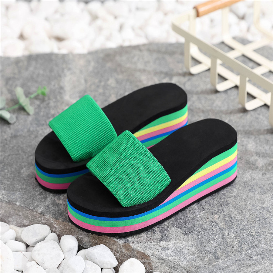 women's one-sided flip flops women's style summer rainbow thick sole sandals high heels colorful outerwear casual beach wear