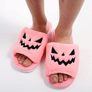 Christmas Halloween Pumpkin Lantern Slippers Soft Fur Comfort Closed Toe Slides Women Christmas Warm Slippers Halloween slides