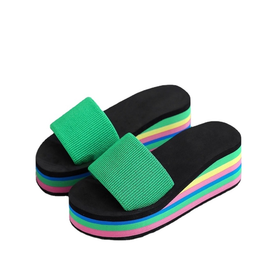 women's one-sided flip flops women's style summer rainbow thick sole sandals high heels colorful outerwear casual beach wear