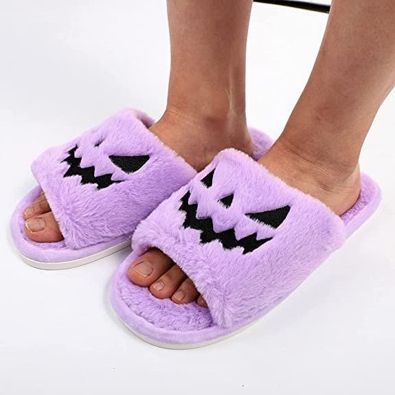 Christmas Halloween Pumpkin Lantern Slippers Soft Fur Comfort Closed Toe Slides Women Christmas Warm Slippers Halloween slides