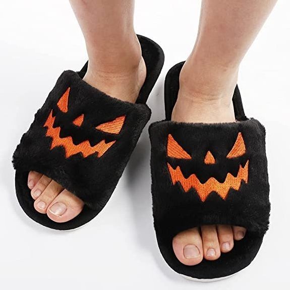 Christmas Halloween Pumpkin Lantern Slippers Soft Fur Comfort Closed Toe Slides Women Christmas Warm Slippers Halloween slides