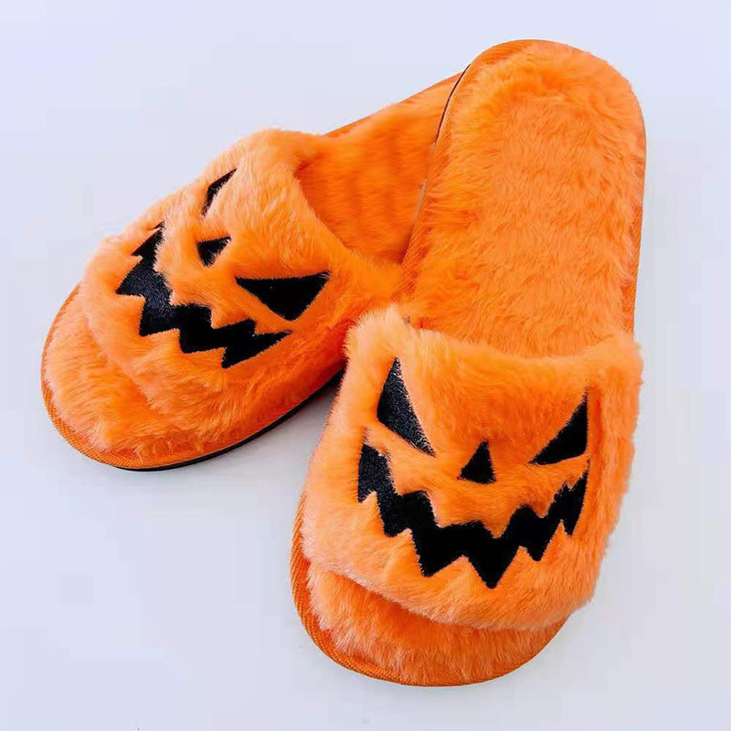 Christmas Halloween Pumpkin Lantern Slippers Soft Fur Comfort Closed Toe Slides Women Christmas Warm Slippers Halloween slides