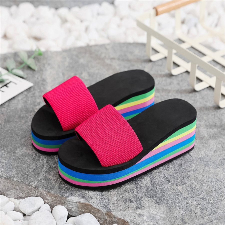 women's one-sided flip flops women's style summer rainbow thick sole sandals high heels colorful outerwear casual beach wear