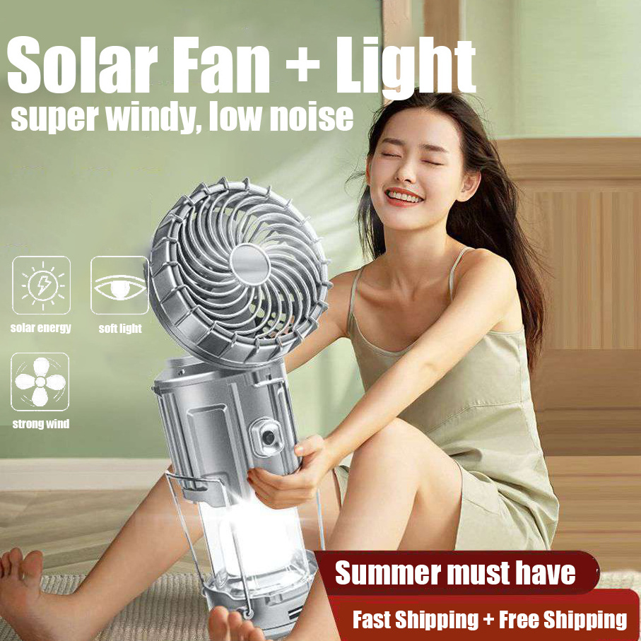 LED Solar Multifunction Lamp Camping Lights Portable with Fan Solar Charge Rechargeable Night Light Hanging Tent Fish Flashlight