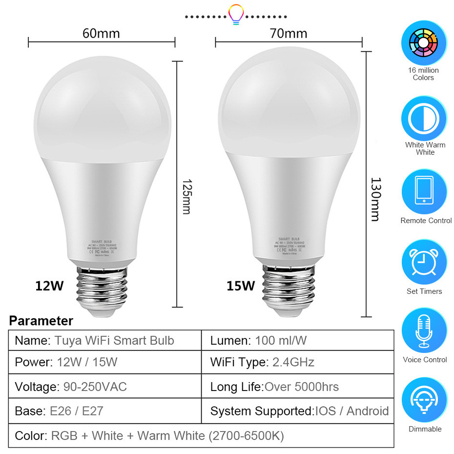 Smart Light Lamp Wifi Bulb 12W 15W 16 Color Changing  Magic RGB LED Bulb e27 110V 220V Rechargeable Light Led Bulbs