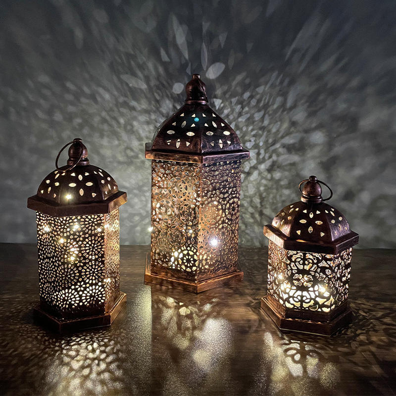 2023 Wholesale metal iron Art lights Moroccan led battery lanterns decorated for Eid Festival outdoor Ramadan festival lights