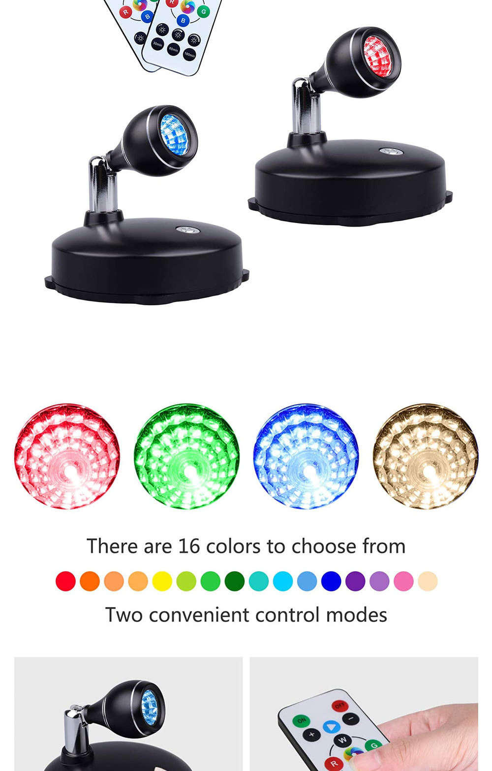 TAIKOO Mini RGB Spot Light Battery Operated Led Stick Up Remote Control Mini Wireless Spotlight Dimmable Accent Lights