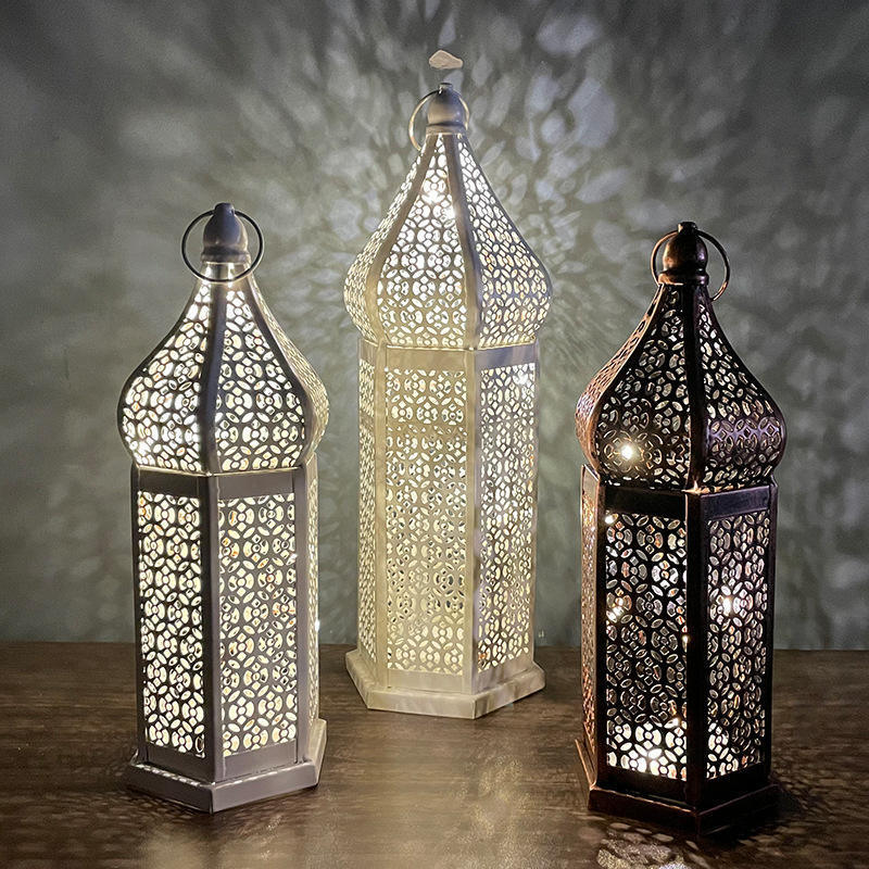 2023 Wholesale metal iron Art lights Moroccan led battery lanterns decorated for Eid Festival outdoor Ramadan festival lights