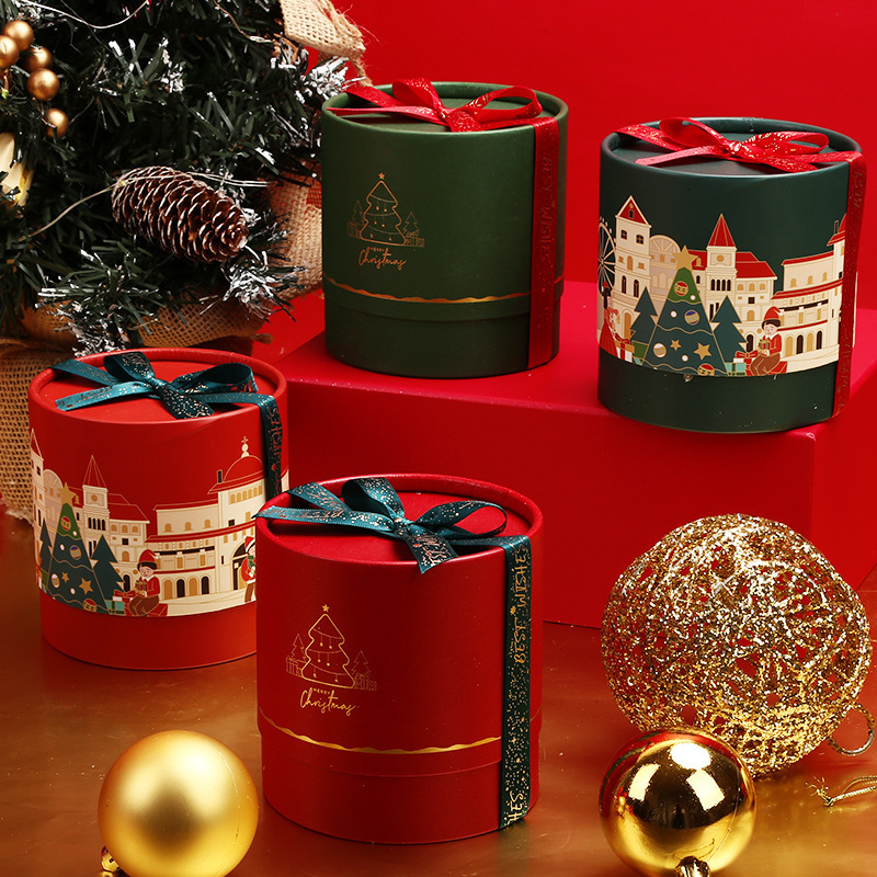 Best welcome fashion golden supplier christmas theme eve gift candy round paper basket box with ribbon