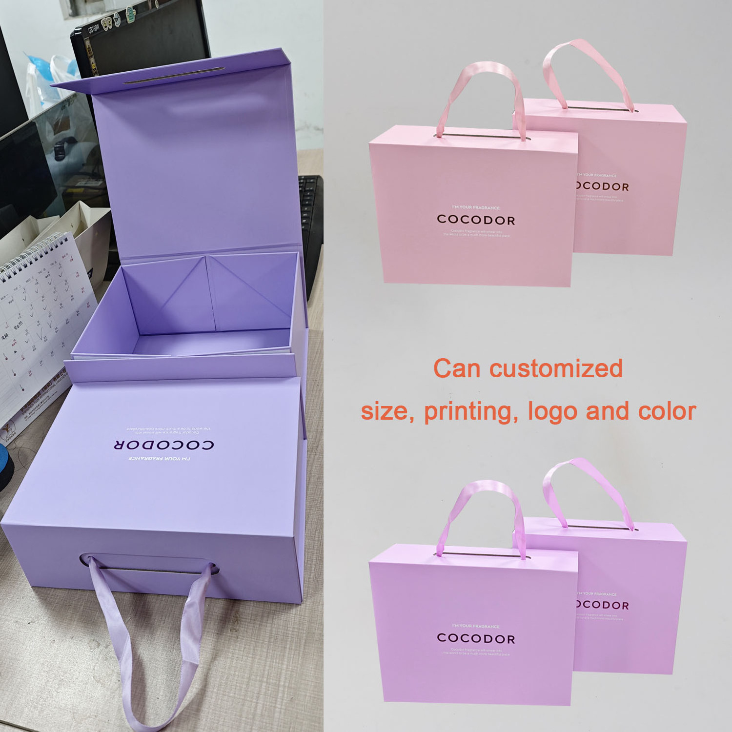 HOT selling Magnetic Gift Box Packaging Ribbon Handle Folding Custom Logo Hard Rigid Cardboard Paper Black Pink Clothing Insert