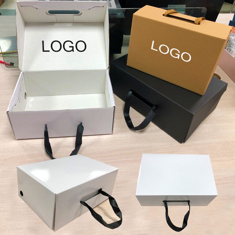 Wholesale Custom Corrugated Cardboard Handbag Packaging Clothing Underwear Shoe Box With Ribbon Handle