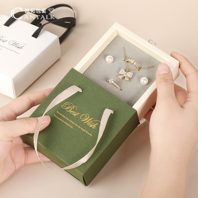 2022 Custom Luxury Hot Stamping white printed Drawer Sliding satin Jewelry packaging gift Box with handle