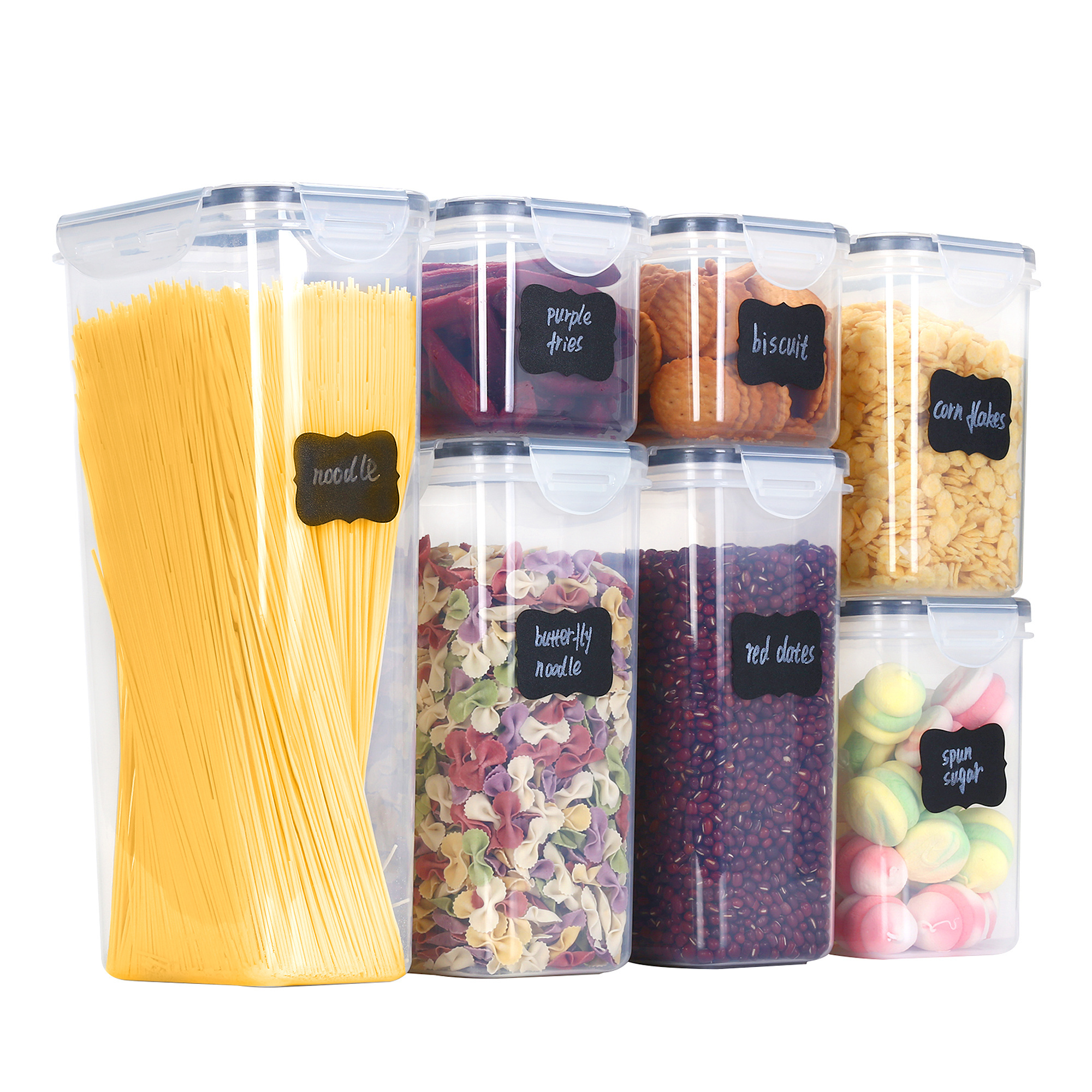 Kitchen pantry 7 pcs dry cereal rice nut sugar storage crisper box stackable airtight plastic food container set with snap lock