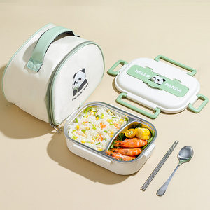 School 2 compartments food container cute Panda 304 stainless steel metal bento lunch box with cutlery and insulated bag for kid