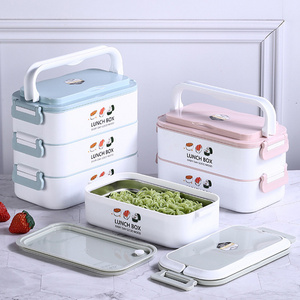 Office school portable kids rectangular multilayer 2 compartments plastic tiffin stainless steel 304 bento lunch box with handle