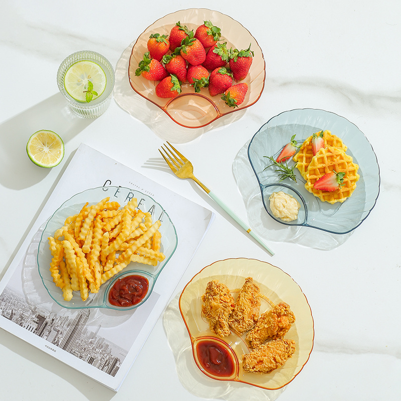 Wedding party dessert french fries fruit chip and dip platter shell clear plastic snack plate with dipping saucers divide dish