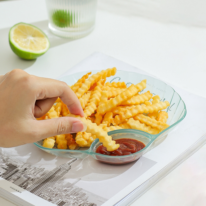 Wedding party dessert french fries fruit chip and dip platter shell clear plastic snack plate with dipping saucers divide dish