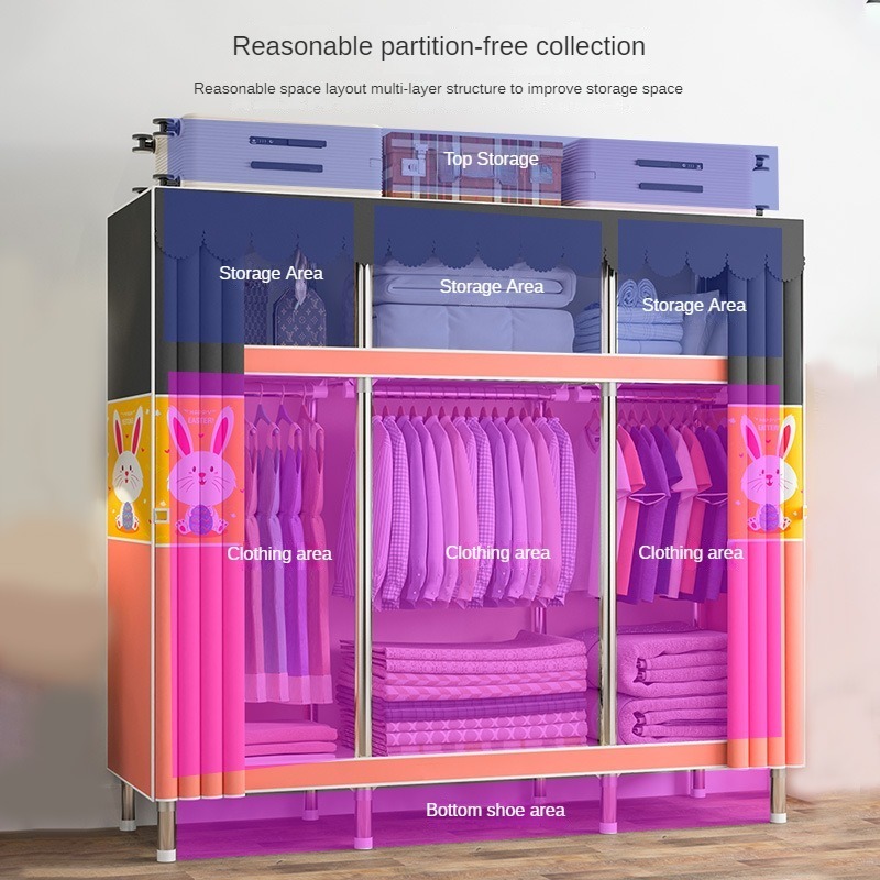 Multi Tier Modern Foldable Cloth Portable Closet Standing Hanging Clothes Rack Iron Shelf Closet Wardrobe