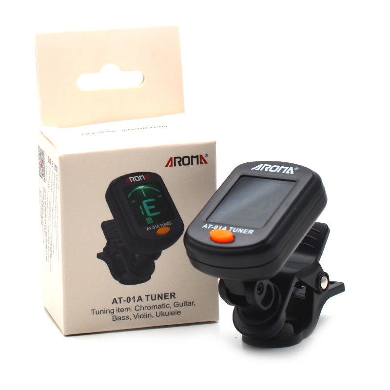 AROMA AT-01A Guitar Tuner Rotatable Clip-on Tuner LCD Display for Chromatic Acoustic Guitar Bass Ukulele Black Guitar Parts