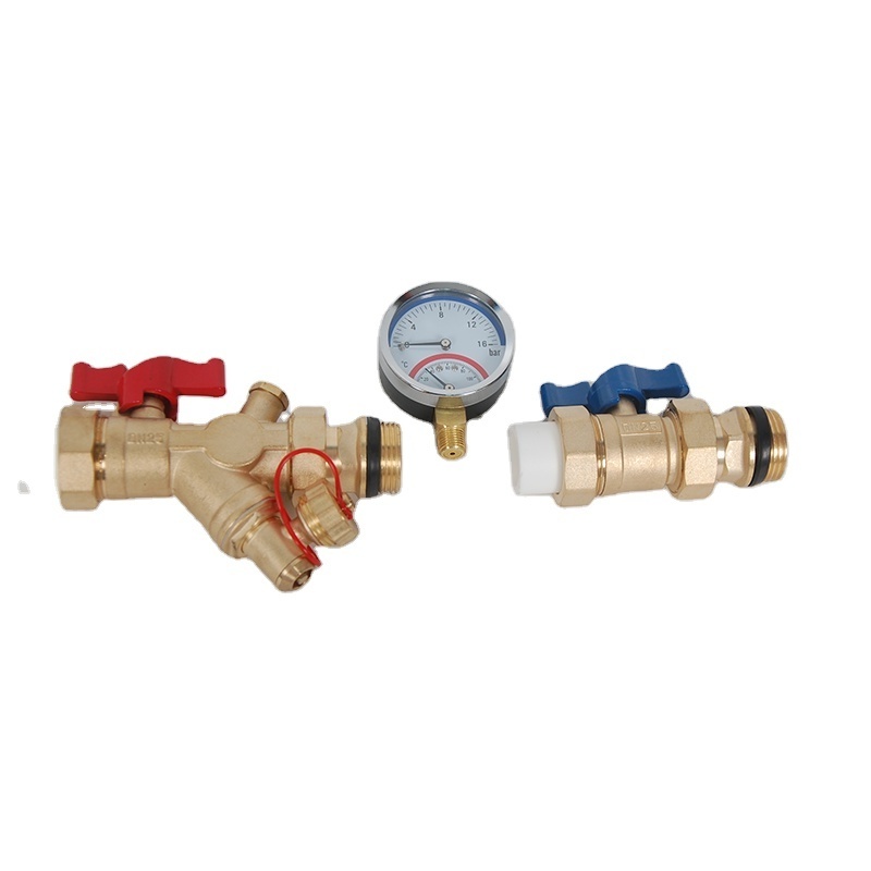 Floor Heating Parts Brass Drain Valve With SS304 Filter and Water Pressure Gauge Ball Valve