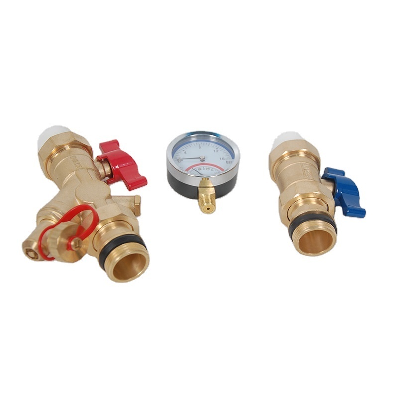 Floor Heating Parts Brass Drain Valve With SS304 Filter and Water Pressure Gauge Ball Valve