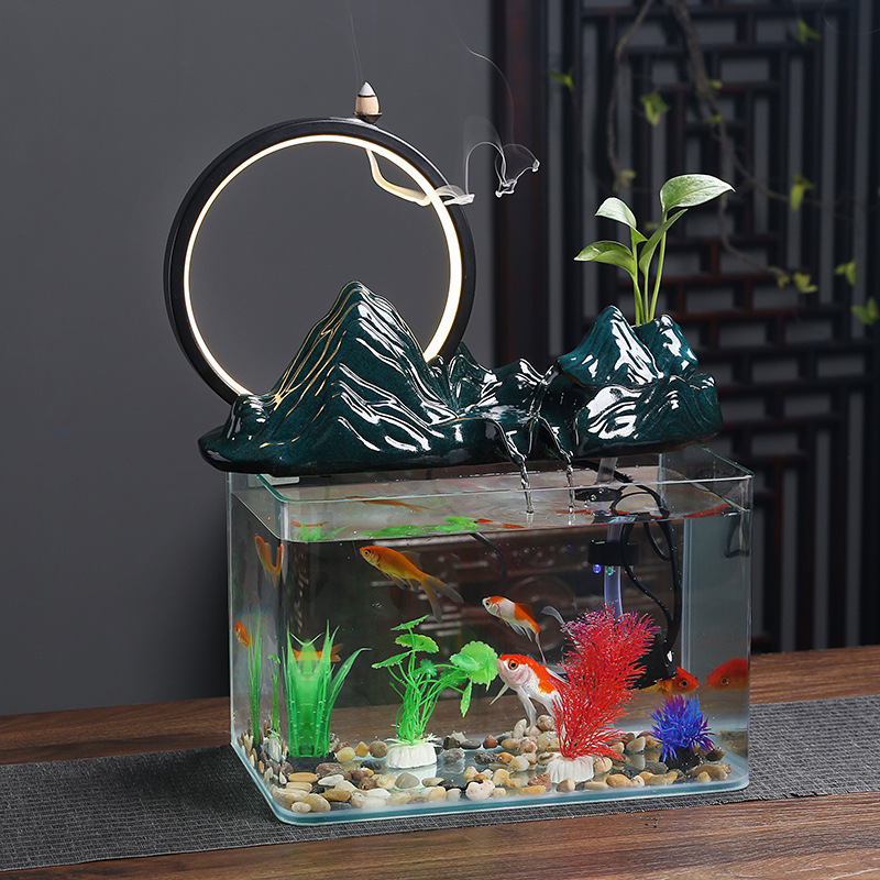 Ywbeyond Home Office Desktop Decor Ceramics Glass Fish Tank Water Fountain Indoor Circle Lamp Waterfall Incense Burner Backflow