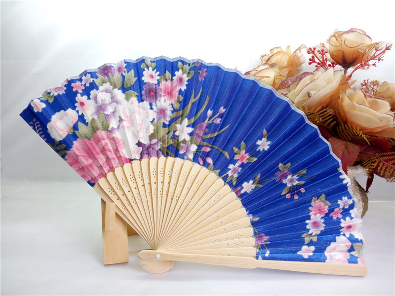 Ywbeyond  Wedding Dance Party Favor 21cm Colorful Bamboo Stain Fabric Folding Hand Fan Chinese Flower Floral Silk Hand Fans