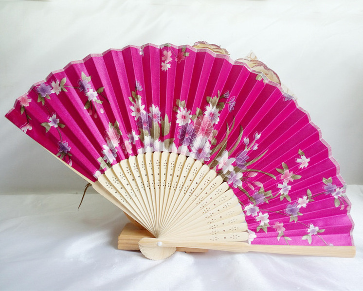 Ywbeyond  Wedding Dance Party Favor 21cm Colorful Bamboo Stain Fabric Folding Hand Fan Chinese Flower Floral Silk Hand Fans