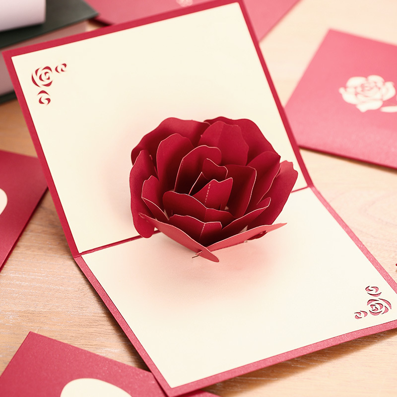 Ywbeyond Handicraft Holiday 3D Pop UP Greeting Cards Red Rose Flower Wedding Invitation Card